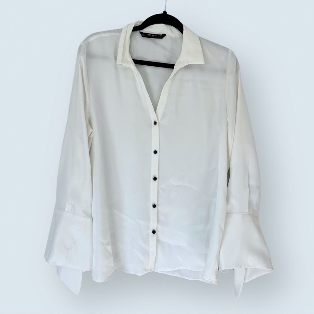 Zara White Satin Button Down Blouse (Size Extra Large)